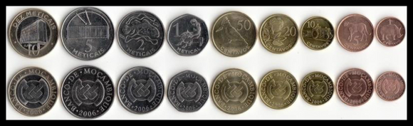 Mozambique, Set 9 PCS Coins, UNC Original Coin for Collection