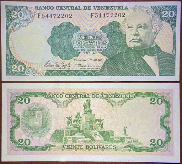 Venezuela, 1992-1998 Random Year, 20 Bolivares, P-63, UNC Original Banknote for Collection