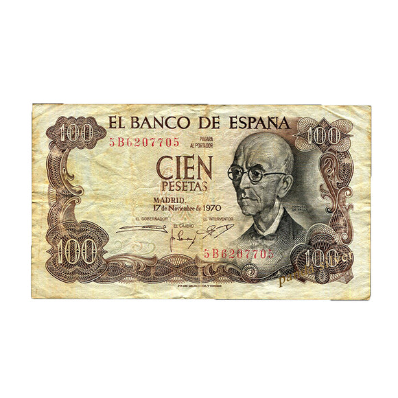 Spain 100 Peseta, 1970 P-152, Used F Condition, Old Banknote for Collection