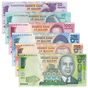 Malawi Set 6 PCS ( 20 50 100 200 500 1000 Kwacha ) Banknotes, 2012-2015 UNC Original banknote