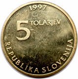 Slovenia, 5 Tolarjev, 1997, UNC Original Coin for Collection
