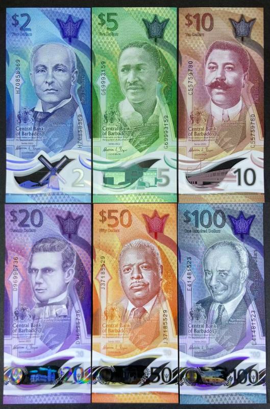Barbados, (2-100 Dollars),  Set 6 PCS Banknotes, 2022, P80-85, UNC Original Polymer Banknote for Collection