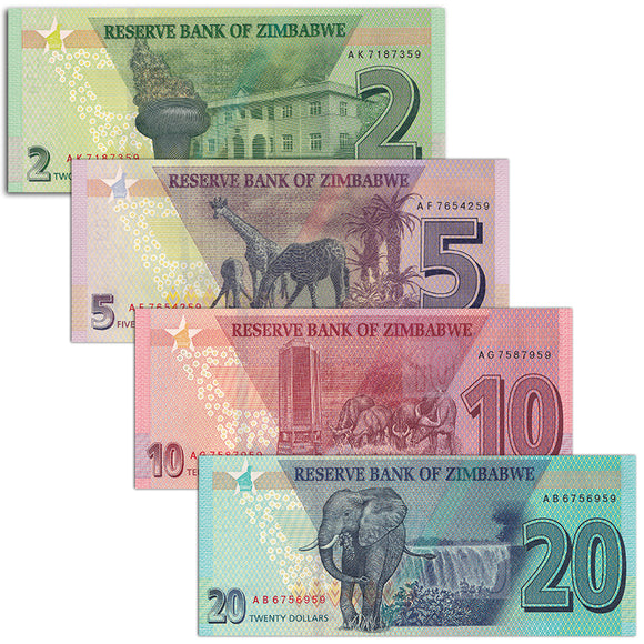 Zimbabwe Set 4 PCS, (2-20 Dollars), 2019 P-101-104 Banknotes, UNC Banknote for Collection