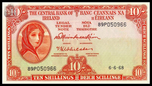 Ireland, 10 Shillings, 1968, P-63, AUNC Original Banknote for Collection