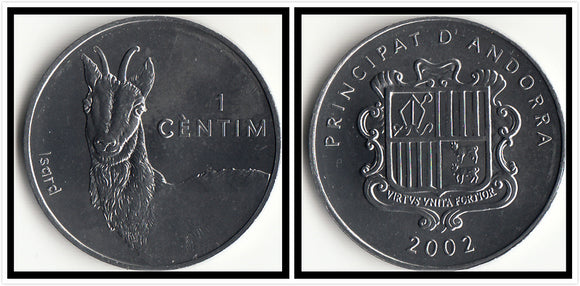 Andorra 1 Centim 2002 KM#177 coin, UNC  > Pyrenean chamois original coin 1 piece