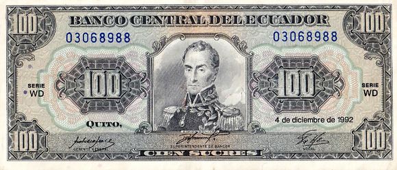 Ecuador, 100 Sucres, 1992, P-123Ab, VF Used Condition, Real Original Banknote for Collection