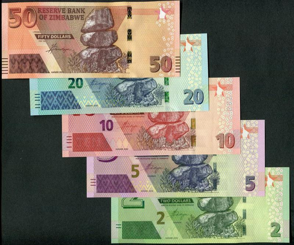 Zimbabwe, Set 5 PCS,  2-50 Dollars, P101-105, UNC Original Banknote for Collection