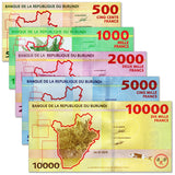 Burundi, Set  5 PCS, 500, 1000, 2000, 5000, 10000 Francs Banknotes, UNC Original Banknote for Collection
