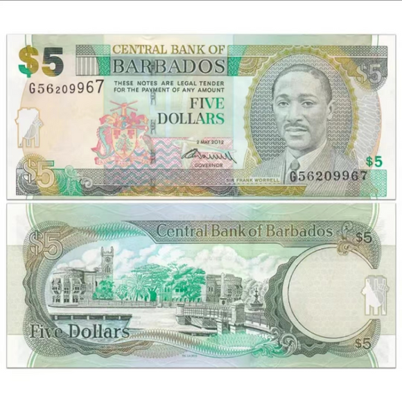 Barbados, 5 Dollars, 2012, P-68, UNC Original Banknote for Collection ...