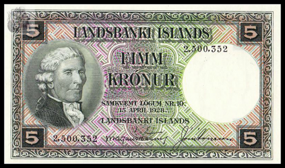 Iceland, 5 Kronur, 1928, P-32a, UNC Original Banknote for Collection