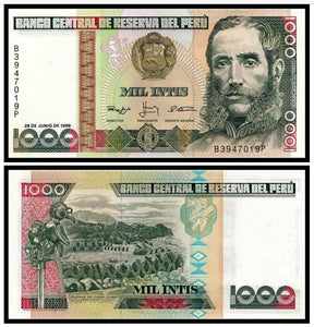Peru 1000 Intis 1988 P-136b UNC Original Banknote