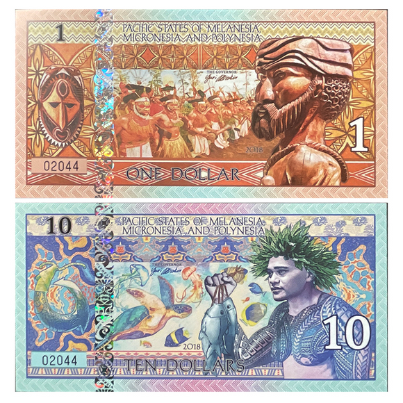 Pacific States of Melanesia, Micronesia and Polynesia, 1 and 10 Dollars, Fantasy Business Banknotes, UNC Banknote for Collection