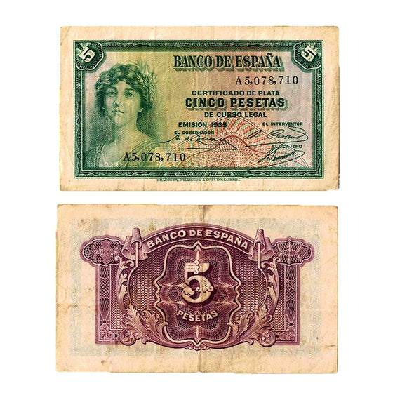 Spain 5 Pesetas, 1935 P-85, Used VF-F Condition, Old Expired Banknote for Collection