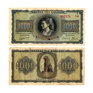 Greece 1000 Drachmai, 1942 P-118, Used F-VF Conditon, Original Real Old Banknote for Collection , Rare