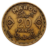 Maroc, 1371(1952), 20 Francs, Old Used Rare Coin for Collection 23mm