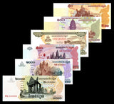 Cambodia set 6 pcs （50 100 200 500 1000 2000 Riels) banknotes P-new UNC original Banknote