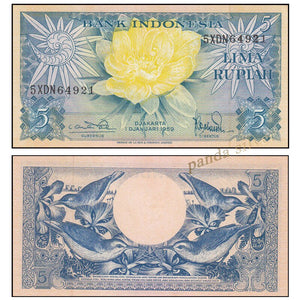 Indonesia 5 Rupiah 1959, P-65, Birds, Flowers, UNC Original Banknote