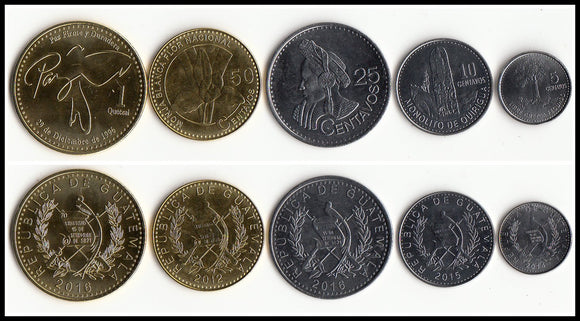 Guatemala Set 3 pcs (5 10 25 50 CENTAVOS + 1 QUETZAL) coins UNC original coin