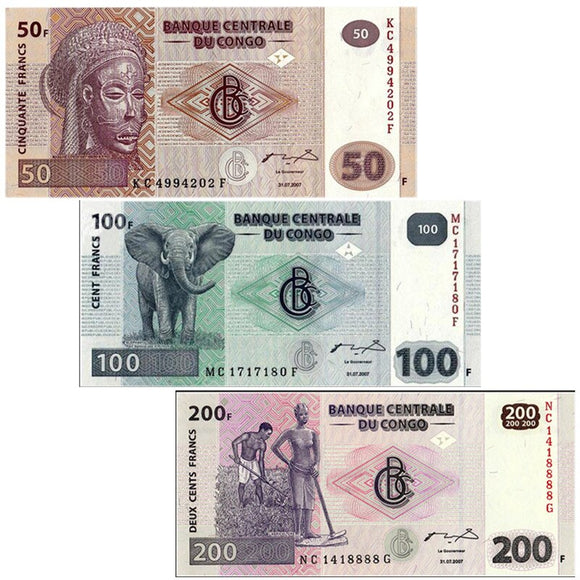 Congo Set 3 pcs (50 100 200 FRANCS) 2007 / 2013 ( random year ) P-97 98 99 UNC original banknote