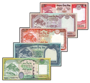 Nepal set 5 pcs (5,10,20,50,00 Rupees) banknotes , Random year， Mountain Edition, UNC original banknote