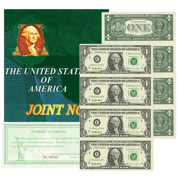 Uncut Mint Sheet of 4 Connected One Dollars (4 x $1) Genuine US bank Notes Banknote original