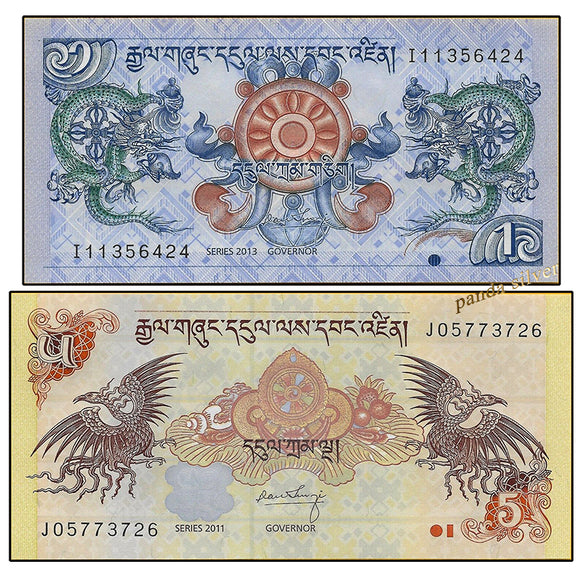 Bhutan set 2 pcs ( 1 5 Ngultrum ) 2006-2013 , P-27 28 , UNC original  Banknote