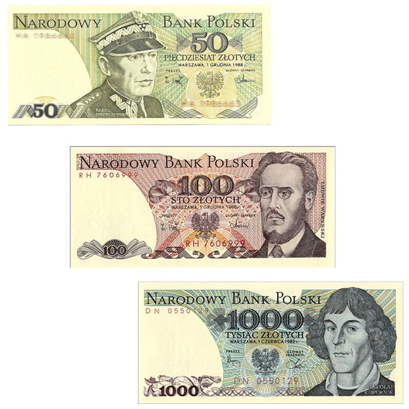 Poland set 3 pcs ( 50 100 1000 Zlotych ) UNC original banknotes P142 143 146 ,