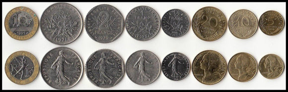 France Set 8 Coins, 5 10 20 CENTIMES 0.5 1 2 5 10 FRANCS, UNC original coin