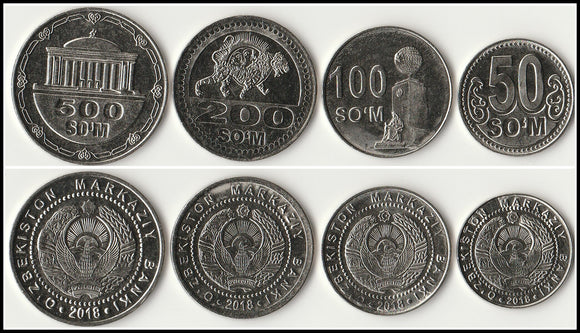 Uzbekistan Set 4 pcs Coins, 50 100 200 500 Som, UNC original coin
