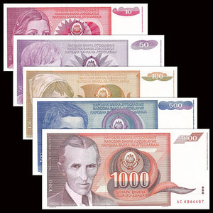Yugoslavia set 5 PCS, 10 50 100 500 1000 Dinara,banknotes, 1990, UNC original (out of use now) P-103-107 banknote