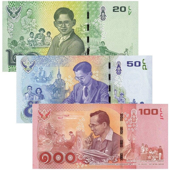 Thailand Set 3 PCS, 20 50 100 Baht, 2017, banknote, UNC original banknote