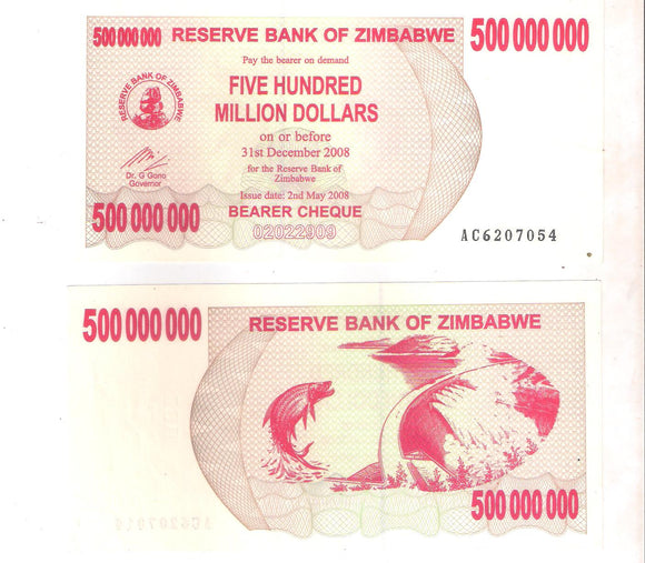Zimbabwe 500 000 000 / 500 Million Dollars, 2008, P-60, UNC original banknote