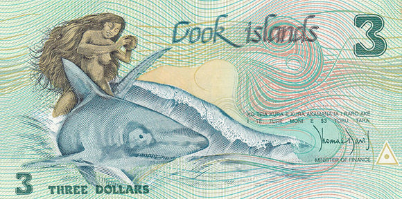 Cook Islands 3 Dollar , 1987 P-3, XF Original Banknote 1 Piece