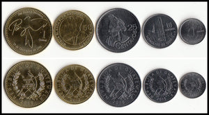 Guatemala Set 5 pcs ( 5 10 25 50 CENTAVOS 1 QUETZAL)  coins 2012-2016 UNC original coin