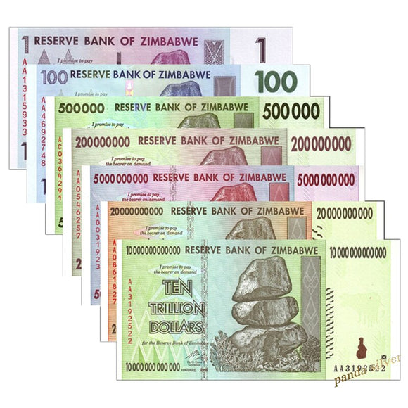 Zimbabwe Set 7 pcs (1 - 10 trillion dollars) Banknotes, UNC Original Banknote