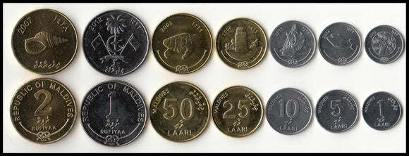 Maldives Set 7 pcs coins ( 1 laari - 2 rufiyaa ) lot UNC original coin