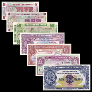 UK Great Britain set 7 pcs ( 5 Pence - 5 Pounds ) Military banknotes , UNC banknote