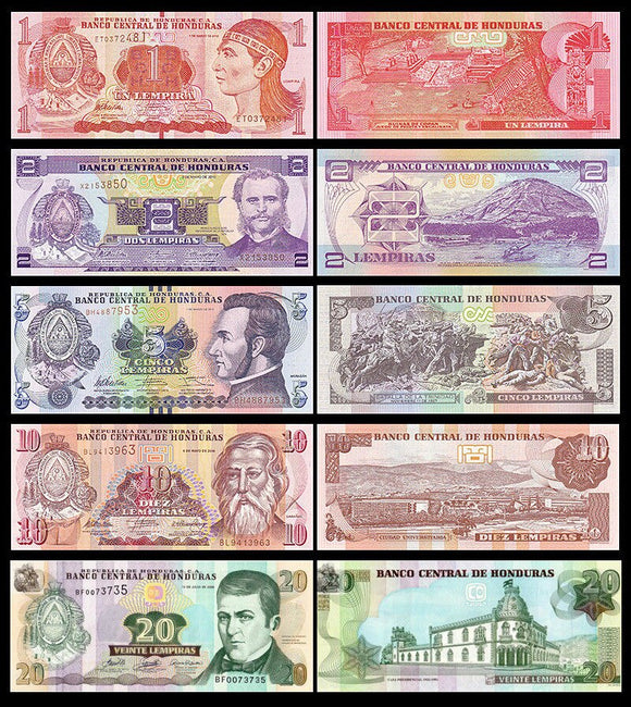 Honduras Set 5 PCS (1 2 5 10 20 Lempira) Banknotes, P-86 89 90 91 100, UNC Original Banknote