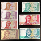Croatia set 7 pcs (1,5,10,25,100,50000,100000 Dinara ) UNC original real banknote , banknotes collection Genuine bill paper note