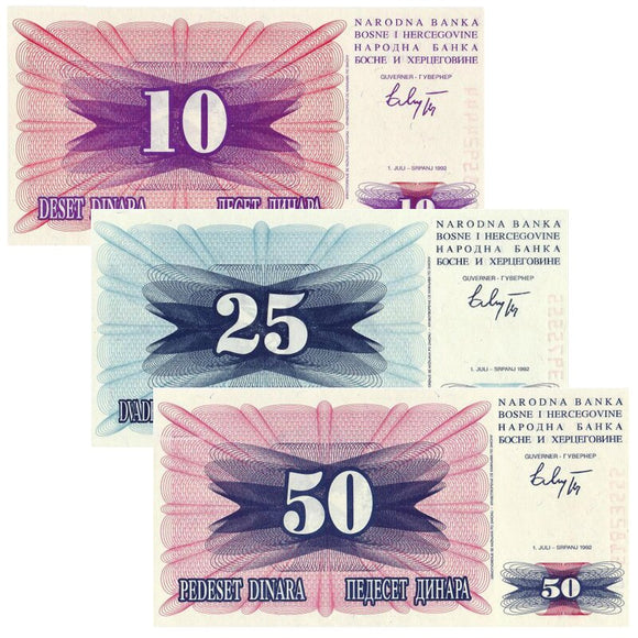 Bosnia Herzegovina Set 3 pcs (10,25,50 Dinara) Banknotes 1992 UNC original banknote