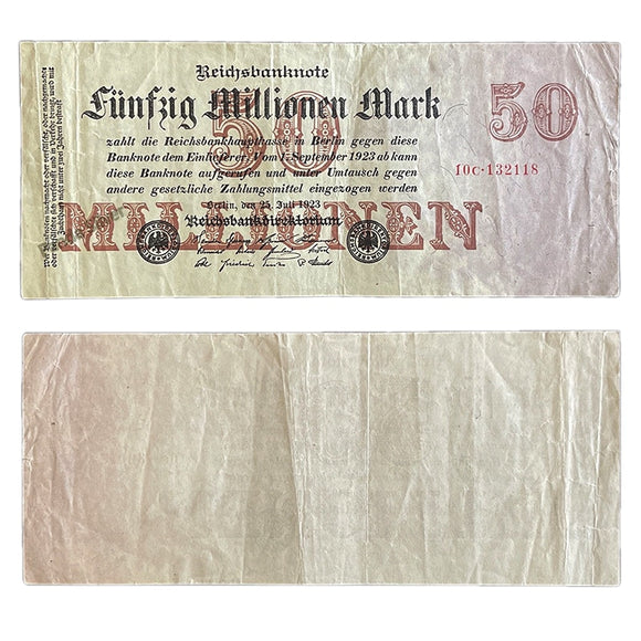 Germany 1923 P-98, 50 million (50000000) Marks, VF Used Condition, ( Single Side Print ) Rare Banknote