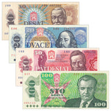 Czechoslovakia, Set 4 PCS, 10,20,50,100 Korun Banknotes, 1986-1989 P94-97, UNC Original Banknote for Collection