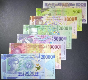 Guinea, Set 7 PCS, 100-20000 Francs Banknotes, UNC Original Banknote for Collection, Paper Money