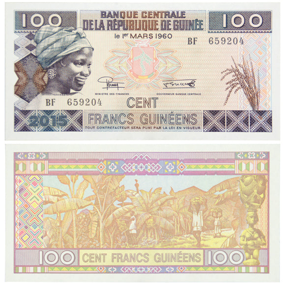 Guinea 100 Francs,  2015 P-A47, UNC Original Banknote for Collection