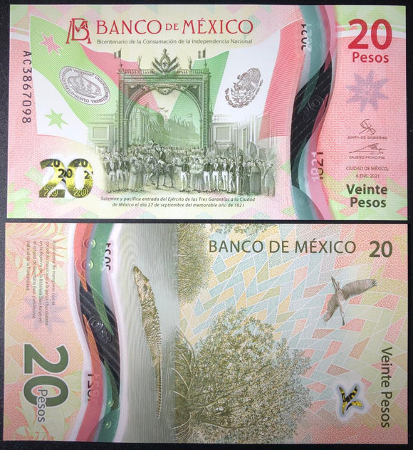 Mexico 20 Pesos, 2021 P-New, Polymer Banknote for Collection
