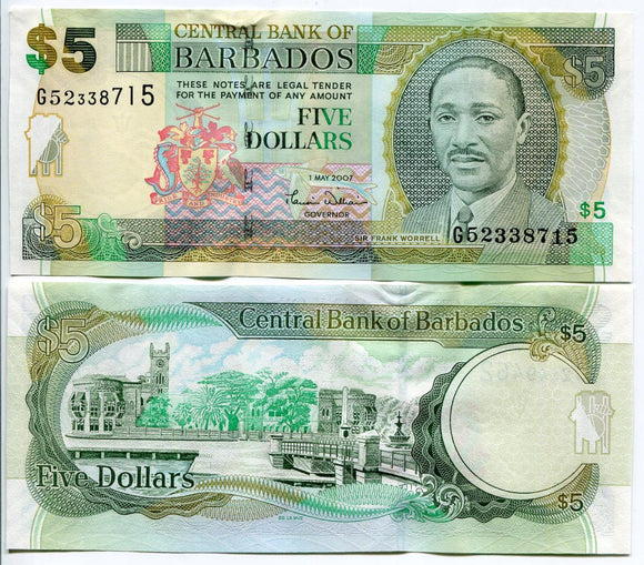 Barbados, 5 Dollars, 2007, P-67, UNC Original Banknote for Collection