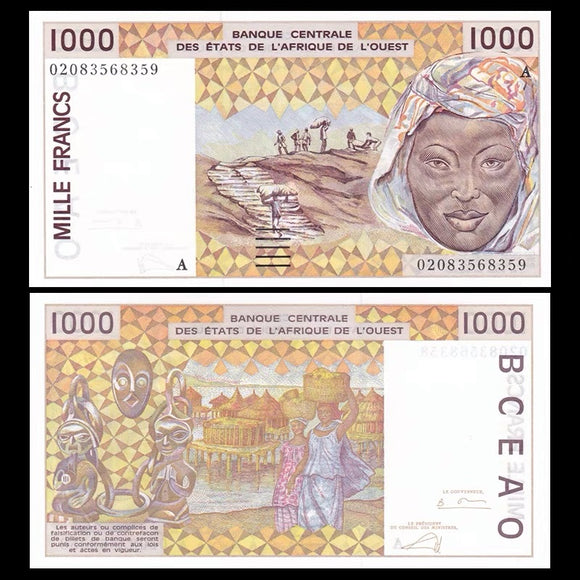 West Africa  (Côte d'Ivoire) 1000 Francs, Random Year P-111, UNC Banknote for Collection 1 Piece