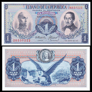 Colombia, 1 Peso, 1973 P-404, UNC Original Banknote for Collection