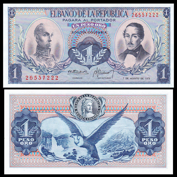 Colombia, 1 Peso, 1973 P-404, UNC Original Banknote for Collection