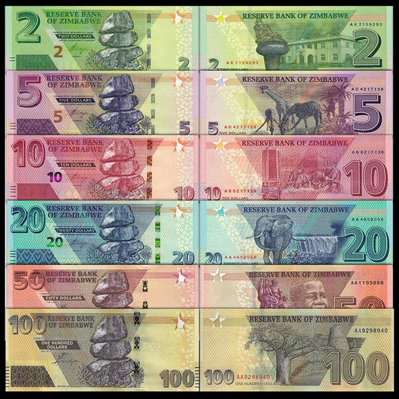 Zimbabwe, Set 6 PCS, 2-100 Dollars Banknotes, UNC Original Banknote for Collection